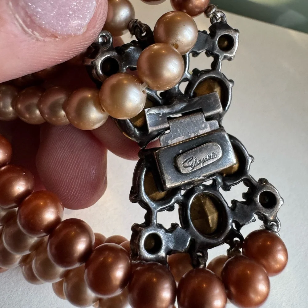 Schiarparelli Elegant Brown and Cream Faux Pearl Beaded Vintage Bracelet 6.75